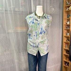 White Stag Striped Floral Button-Down Shirt - Blue and Green